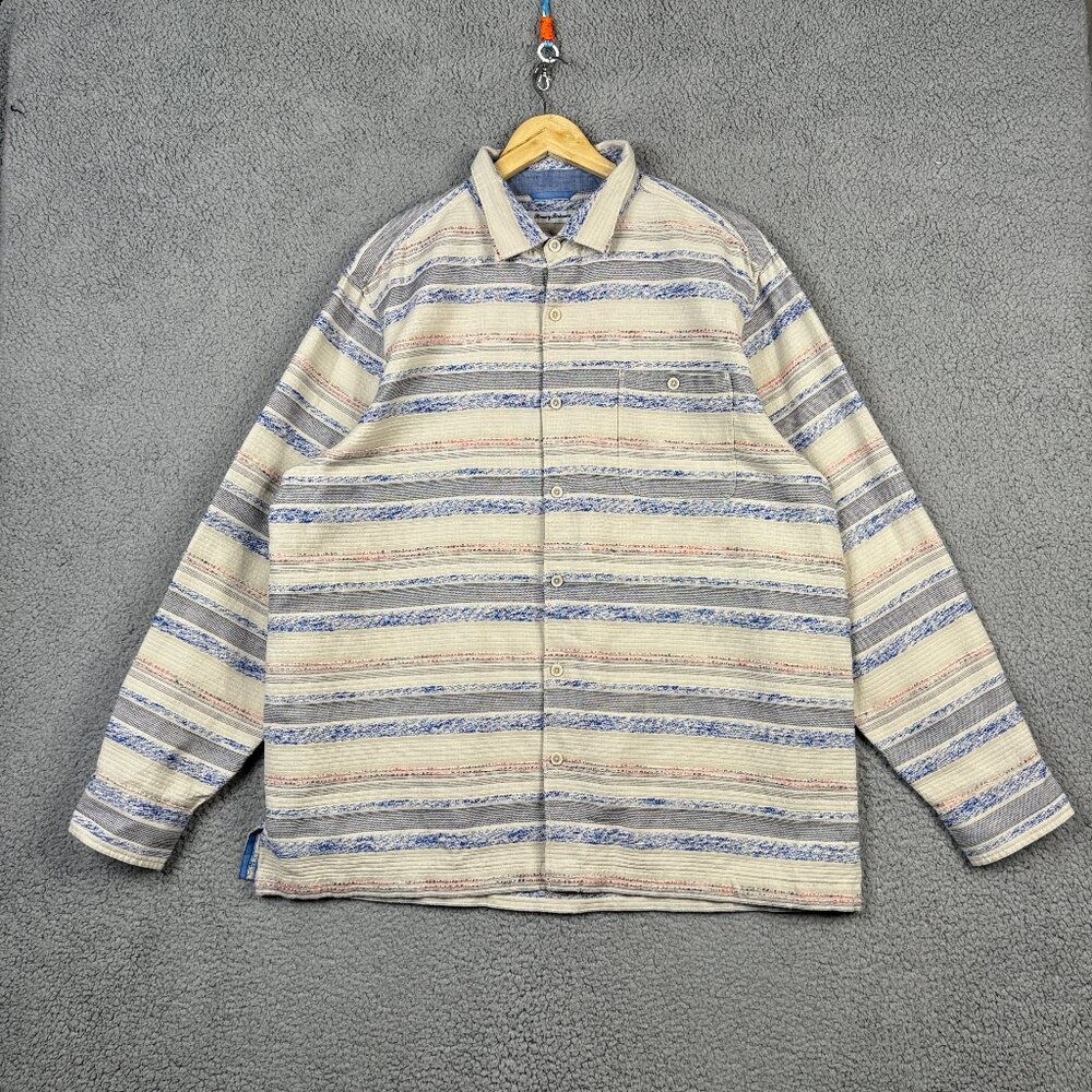 Tommy Bahama Shirt Mens XL Cotton Knit Button Down Relaxed Fit Textured Striped